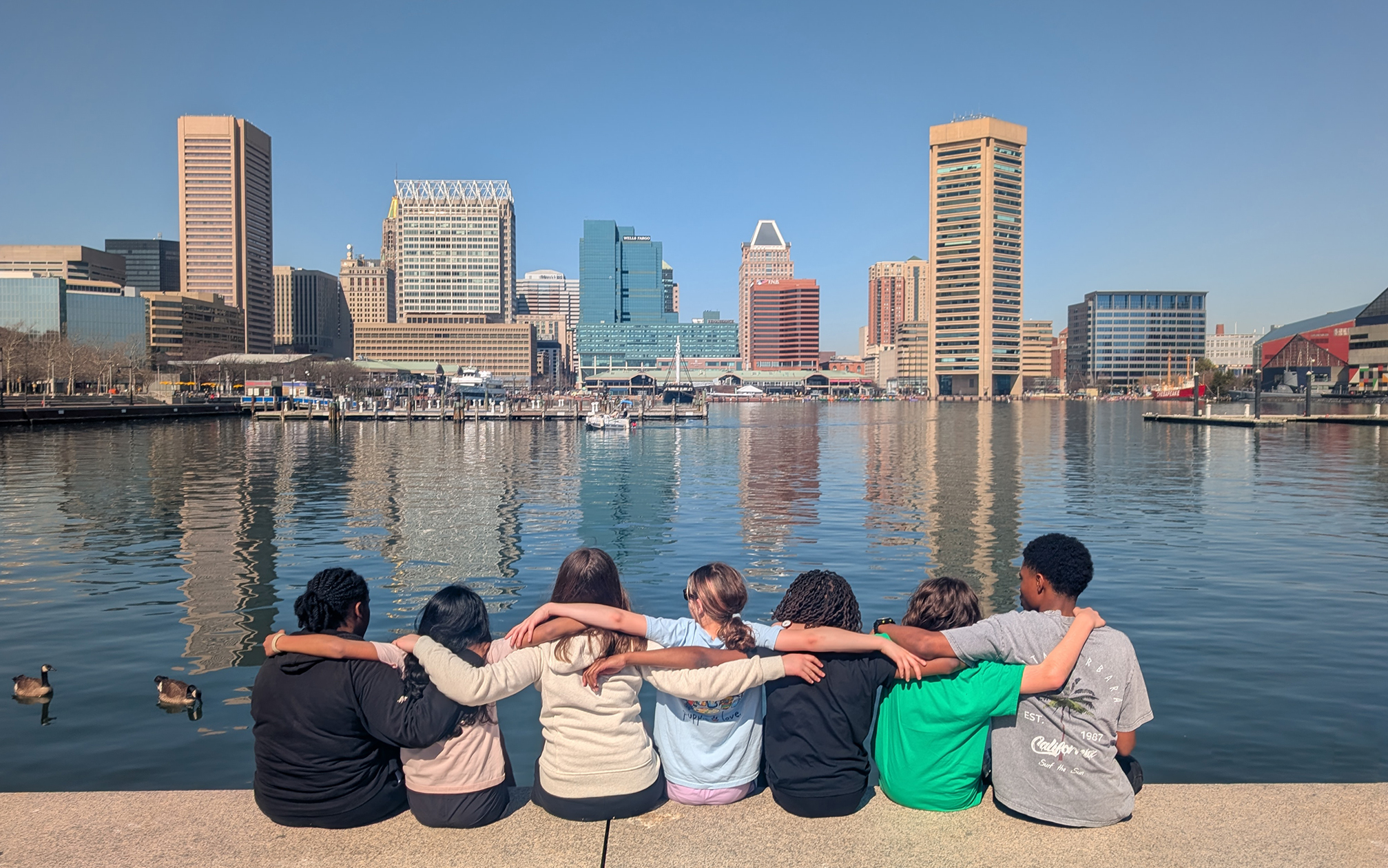 Middle school students at Greenspring Montessori School on a student-led trip to Baltimore inner harbor